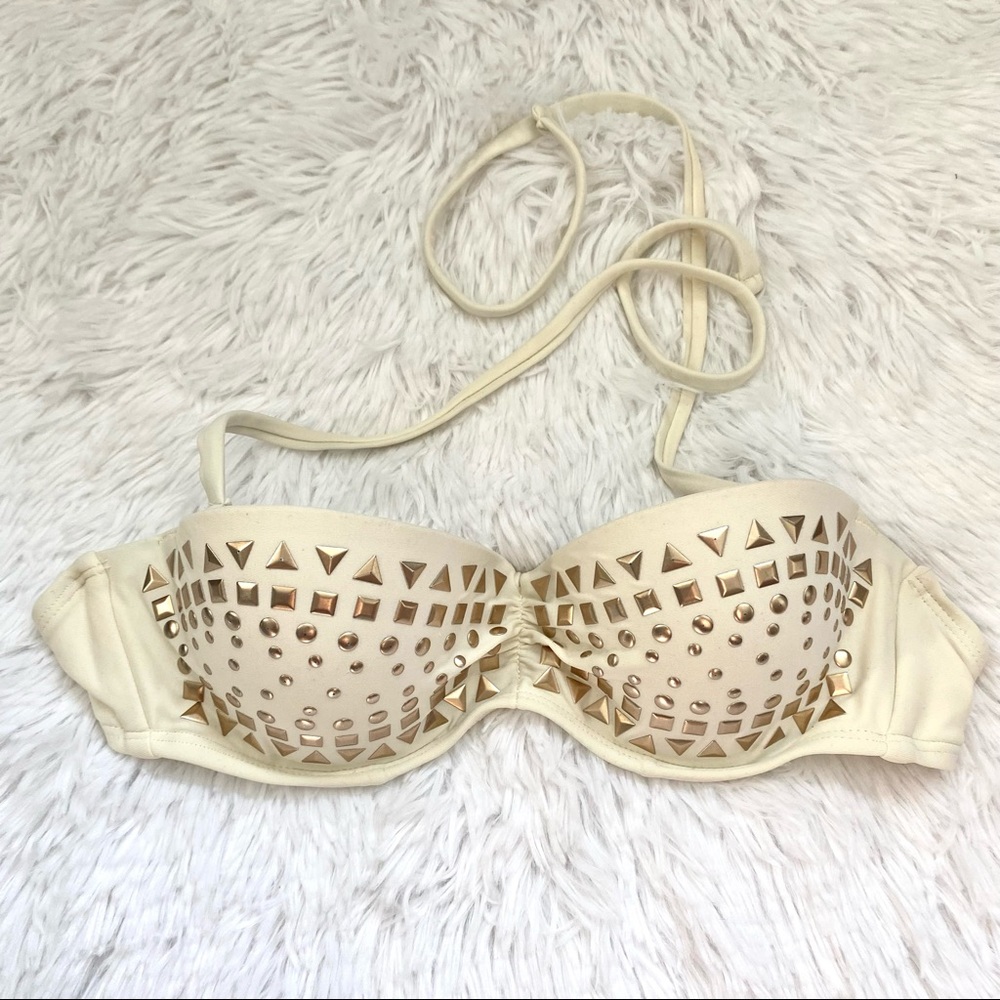 🍓 Xhilaration Cream & Gold Tribal Studded Bikini Convertible Strap Top